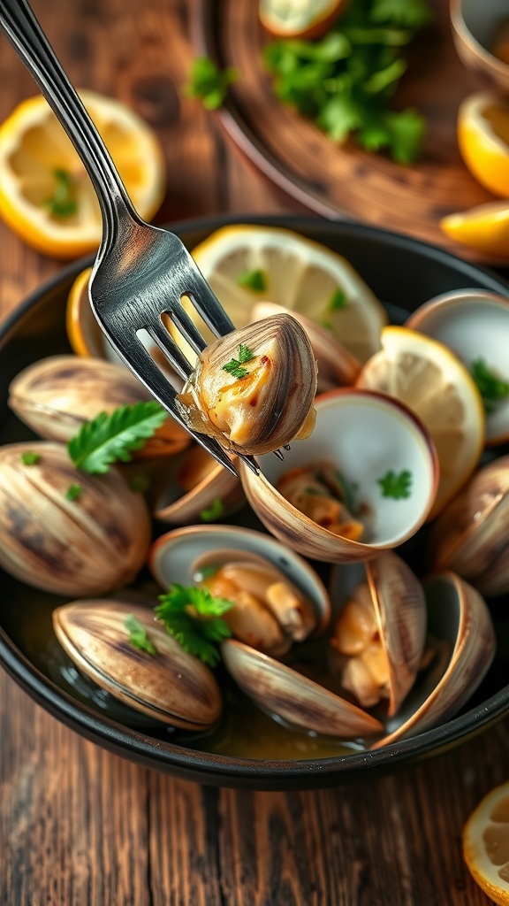 A bowl of steamed clams garnished with parsley and lemon wedges on a rustic wooden table.